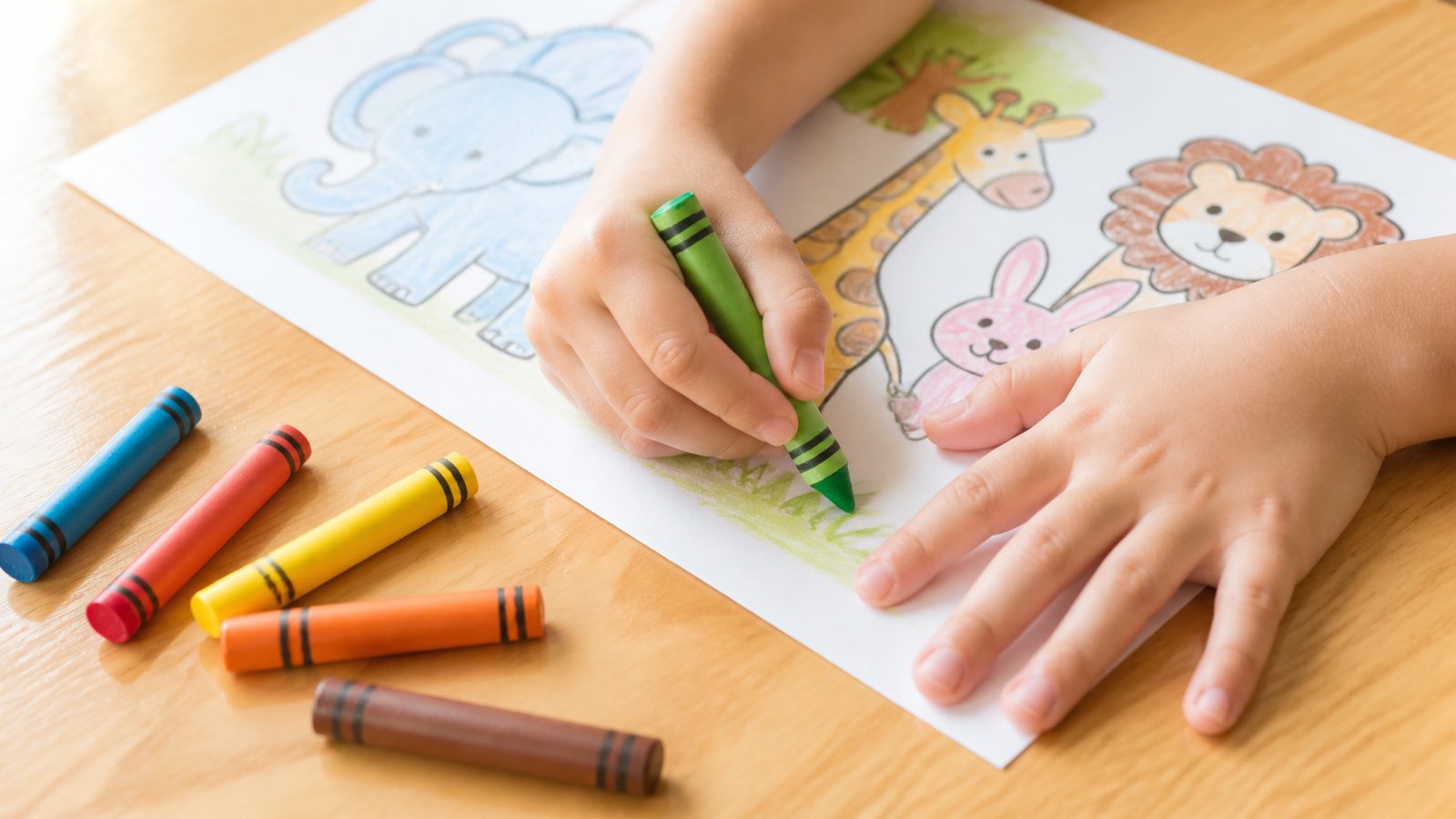 クレヨンで動物の絵を塗る子どもの手元