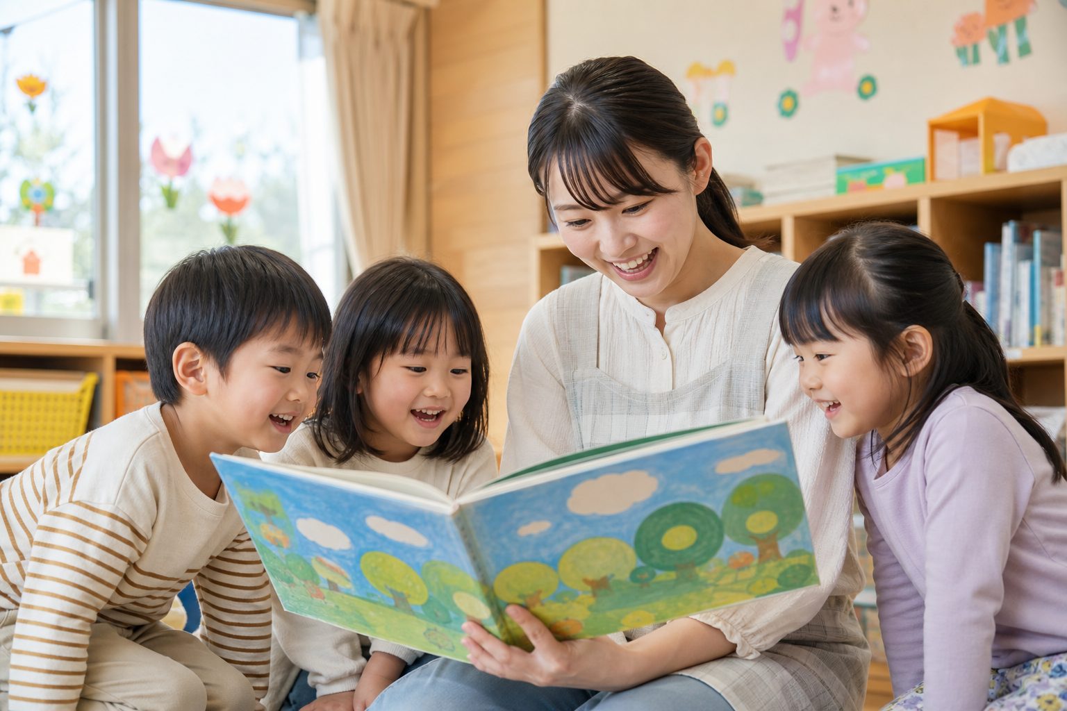 絵本の読み聞かせに身を乗り出す子どもたち